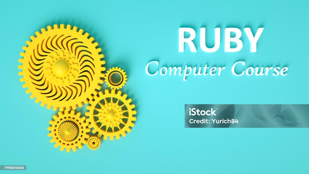 3d Render Of Ruby Computer Course With Composition Of Gears On Blue ...