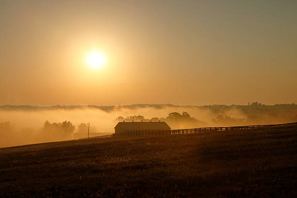 Cerca de fazenda e celeiro ao nascer do sol com nevoeiro - foto de acervo