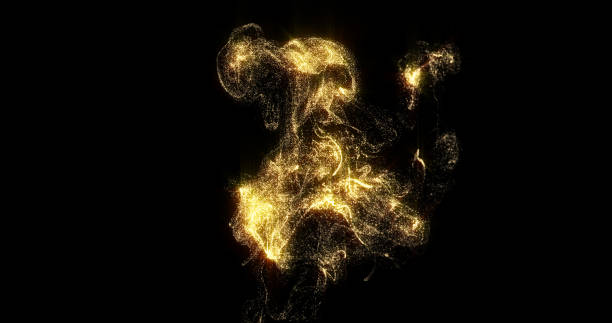 Photo of Golden smoke, shining golden fluid particles, liquid glitter light pour on black background. Sparkling gold, glittering shimmer magic glow haze with curl swirl pouring and evaporating effect