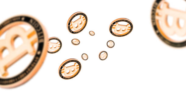 Money background. Gold Falling Bitcoins on white. Falling Litecoin, Ethereum background.