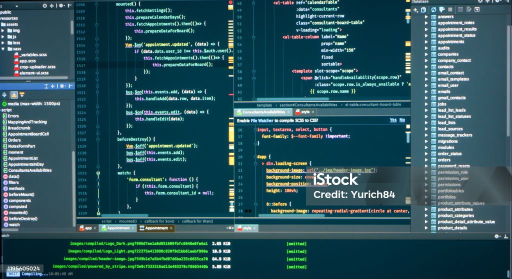 Database structure, code structure, concole, logs, frontend, markup, Javascript source code for software development. Programmer workflow Database structure, code structure, concole, logs, frontend, markup, Javascript source code for application development. Programmer workflow Computer Monitor Stock Photo
