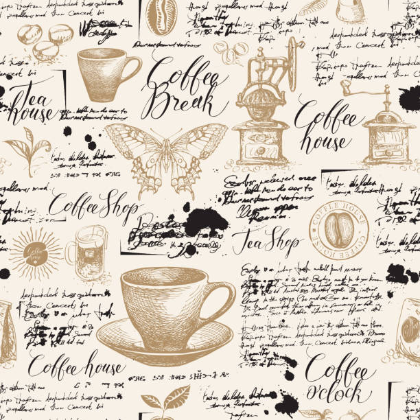커피 테마에 벡터 원활한 패턴 - tea stain stock illustrations