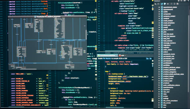 Administration of database for software. Programmer workflow. Integrated Development Environment. Database scheme. Administration of database for software. Programmer workflow. Database scheme. Integrated Development Environment schema stock pictures, royalty-free photos & images