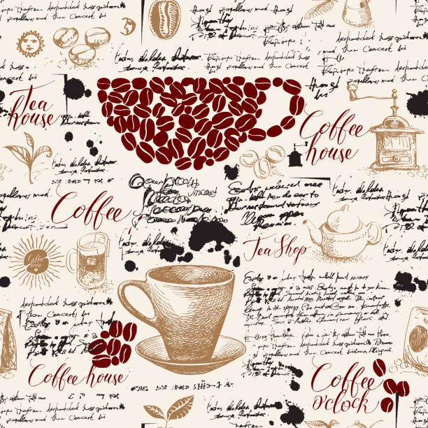 vector seamless pattern on the theme of coffee Vector seamless pattern on tea and coffee theme with drawings, spots and illegible handwritten notes in vintage style. Suitable for Wallpaper, wrapping paper, background or fabric coffee cup coffee hot chocolate coffee bean stock illustrations