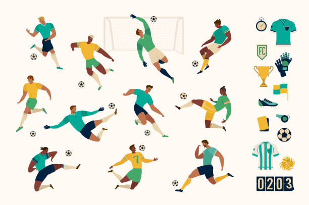 stockillustraties, clipart, cartoons en iconen met voetbal soccer player set van geïsoleerde personages en moderne set van voetbal en voetbal iconen. vector illustratie. - voetbal