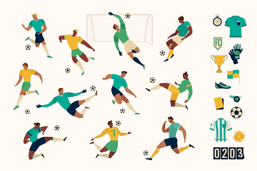 Football soccer player set of isolated characters and modern set of soccer and football icons. Vector illustration.