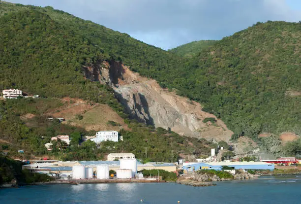 The industrial view of a gravel-pit in Road Town on Tortola island (British Virgin Islands).