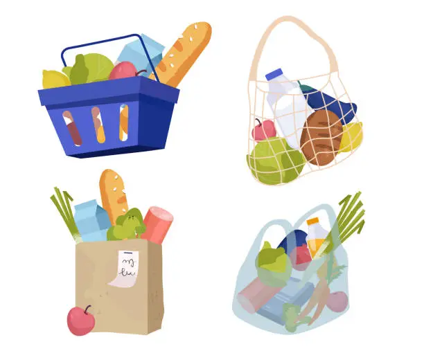 Vector illustration of Set of various shopping bags filled with goods. Food basket, paper and plastic packages, string bag. Vector illustration