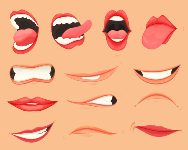 istock Set of female lips with various mouth emotions and expressions. Vector illustration 1195610753