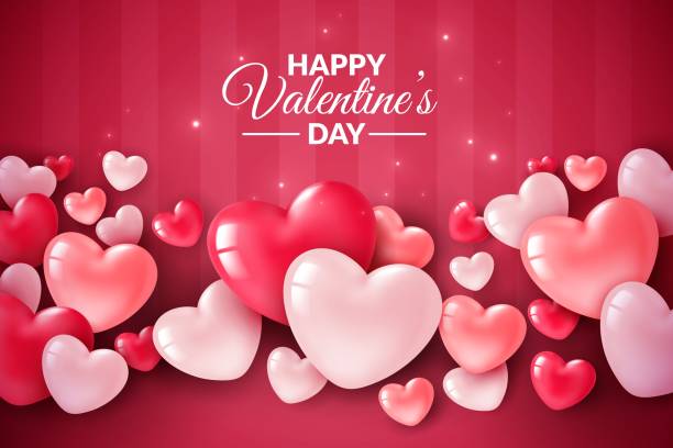 발렌타인 데이 3d 하트입니다. 귀여운 사랑 배너, 낭만적 인 인사말 카드 행복 발렌타인 데이 소원 텍스트, 빨간 심장 풍선 벡터 개념 - valentines day stock illustrations