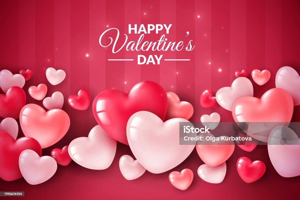 Walentynki 3d serca. Ładny baner miłosny, romantyczna kartka z życzeniami walentynkowymi, koncepcja wektora czerwonych balonów serca - Grafika wektorowa royalty-free (Walentynki)