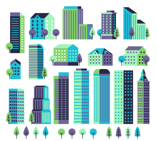 Minimal buildings. Buildings and skyscrapers, commercial offices for modern architectural landscape with trees. City vector constructor Minimal buildings. Buildings and skyscrapers, commercial offices for modern architectural landscape with trees. City vector geometric block constructor cityscape illustrations stock illustrations