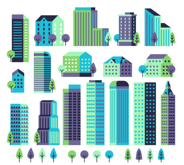 Minimal buildings. Buildings and skyscrapers, commercial offices for modern architectural landscape with trees. City vector constructor Minimal buildings. Buildings and skyscrapers, commercial offices for modern architectural landscape with trees. City vector geometric block constructor high up city stock illustrations