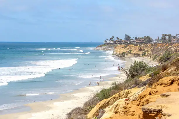A view from the bluffs overlooking the Carlsbad beach and Pacific Ocean in Southern California