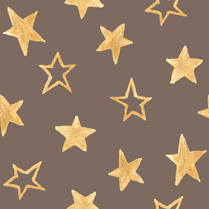 Watercolor seamless pattern with gold stars on a brown background. Hand drawing for paper, Wallpaper, textiles, screensavers, printing.