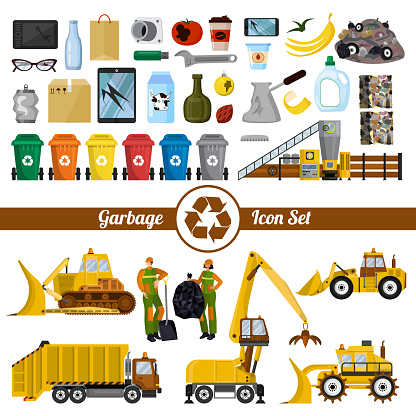 Solid-waste management. Dumpsters and and waste types. Special equipment for dumps and utility workers, janitors. Set of isolated icon on white background. Flat cartoon vector illustration