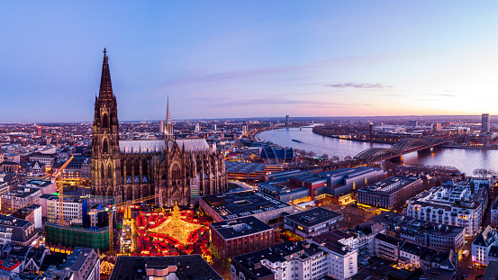 Cologne Germany Christmas market, aerial drone view over Cologne rhine river Germany Europe