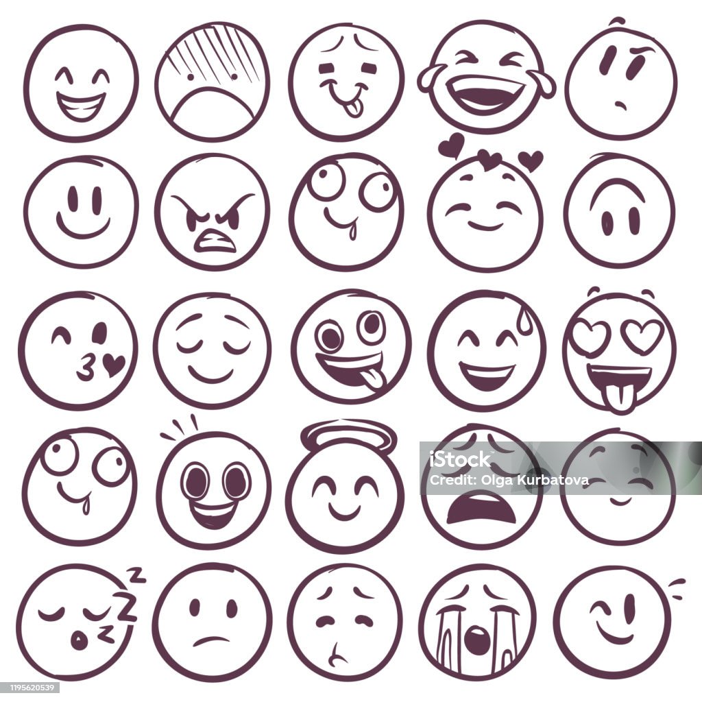 Ilustración de Emoticonos De Garabatos Emoji Con Diferente Expresión De  Enojado Feliz Y Triste Caras Divertidas De Boceto Para Mensajes Con  Conjunto De Vectores Sonrientes Y Llorando y más Vectores Libres de