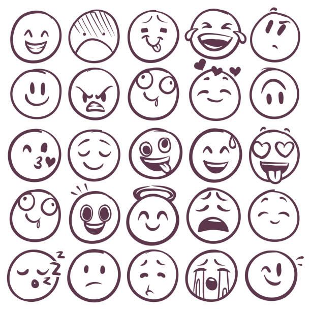 Doodle emoticons. Emoji with different expression of angry, happy and sad. Funny sketch faces for messages with smiling and crying vector set Doodle emoticons. Emoji with different expression of angry, happy and sad. Funny sketch faces for messages with smiling and crying vector outline emotion set happiness drawings stock illustrations