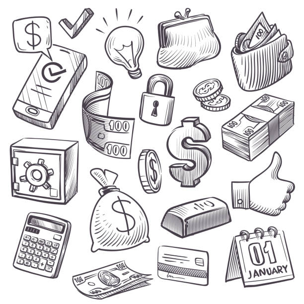 geld- und finanzskizze. goldbarren, schatztruhe und banksafe, dollarsack und fallende münzen, scheine und brieftasche handgezeichnete icons vektor-set - currency heap ideas business stock-grafiken, -clipart, -cartoons und -symbole