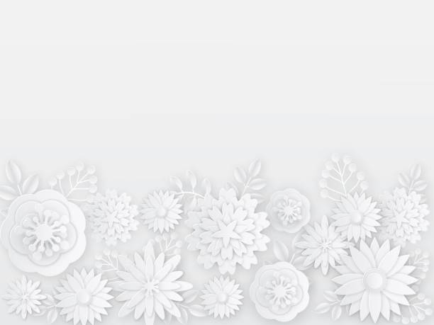 ペーパーカットの白い花。春、夏の紙折り紙の花の要素。クリエイティブな作曲ブーケ、桜の装飾品、ウェディングカードテンプレート - paper cutout点のイラスト素材／クリップアート素材／マンガ素材／アイコン素材