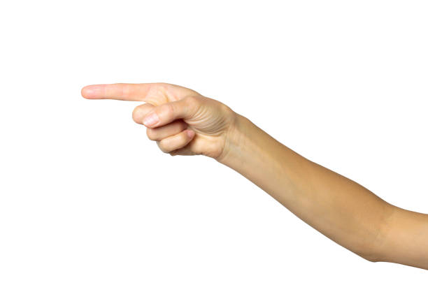 istock Female hand points or pushes something with the index finger on a white isolated background 1195621114