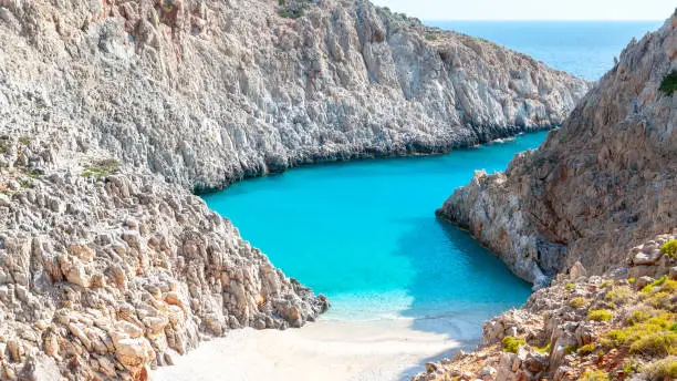 Seitan limania or Agiou Stefanou, the heavenly beach with turquoise water. Chania, Crete