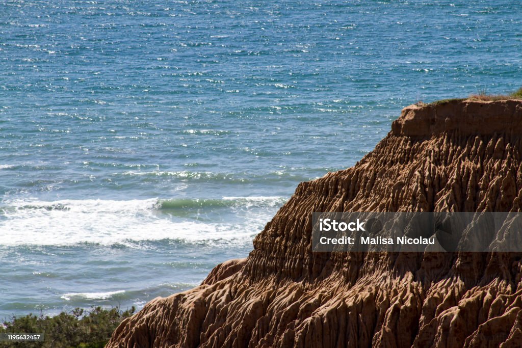 Torrey Pines Cliff Area Rock formations by the sea at Torrey Pines in San Diego, California Beach Stock Photo
