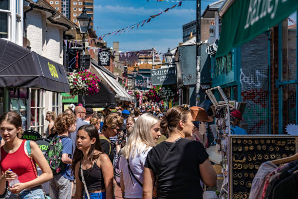 This is the Lanes, a shopping street popular with tourists on July 24, 2019 in Brighton