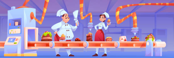 illustrations, cliparts, dessins animés et icônes de les confiseurs sur l'usine de sucrerie décorent la production - chef men one person cooking