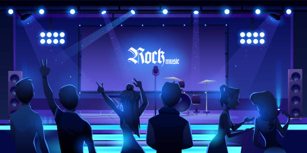 ilustrações de stock, clip art, desenhos animados e ícones de people at stage waiting rock music concert. event - microphone stage music popular music concert
