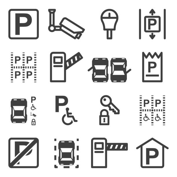 stockillustraties, clipart, cartoons en iconen met een reeks iconen gerelateerd aan parkeren, plaatsen voor verpakking, evenals veiligheid en de juiste locatie in parkeerplaatsen. geïsoleerde vector op een witte achtergrond. - direct klaar camera