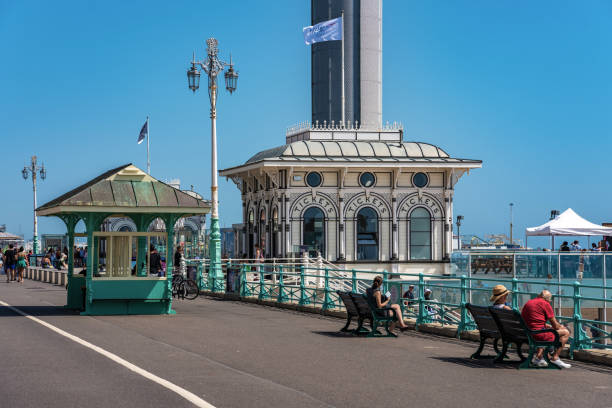 This is a view of the seaside promenade near the British airways I360 Observation tower on July 24, 2019 in Brighton