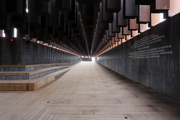 National Memorial for Peace and Justice Montgomery, Alabama, USA - February 4, 2019: A view of The National Memorial for Peace and Justice in Montgomery, Alabama. The National Memorial for Peace and Justice is a national memorial to commemorate the victims of lynching in the United States. black civil rights stock pictures, royalty-free photos & images