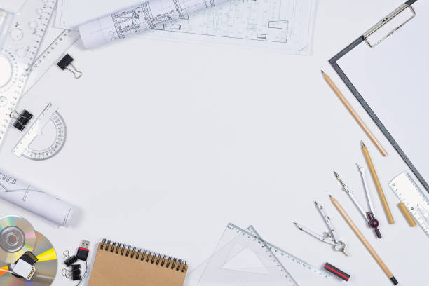 istock Architectural plans, pencil and ruler on the table. Place for your text 1195637925