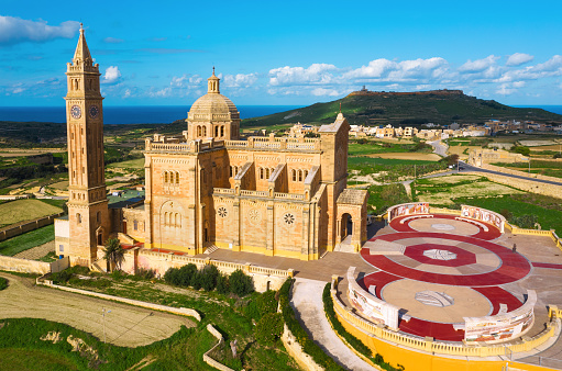 Ta Pinu church on Gozo island. Aerial view, sunny day, blue sky, winter. Malta