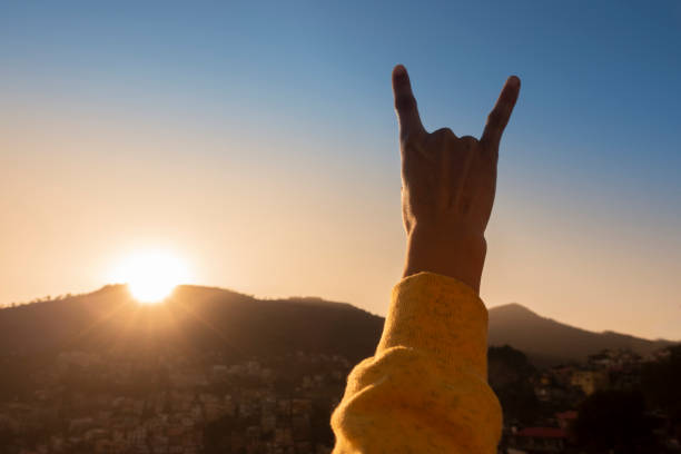 istock Cropped hand gesturing Rock & Roll sign against the sun during sunset. 1195638928