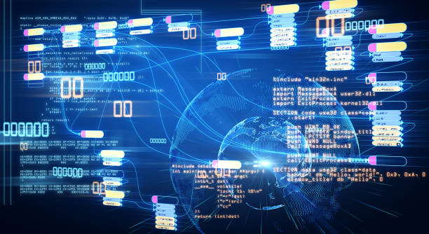 istock Global data base concept with abstract futuistic infographic at digital world map background. 1195638964