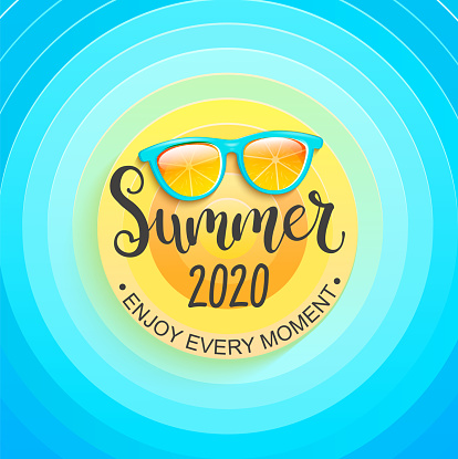 Summer greeting banner for summertime 2020. Sun, sky and sunglasses, enjoy every moment. Template for card, wallpaper, flyer, invitation, poster and brochure. Vector illustration.