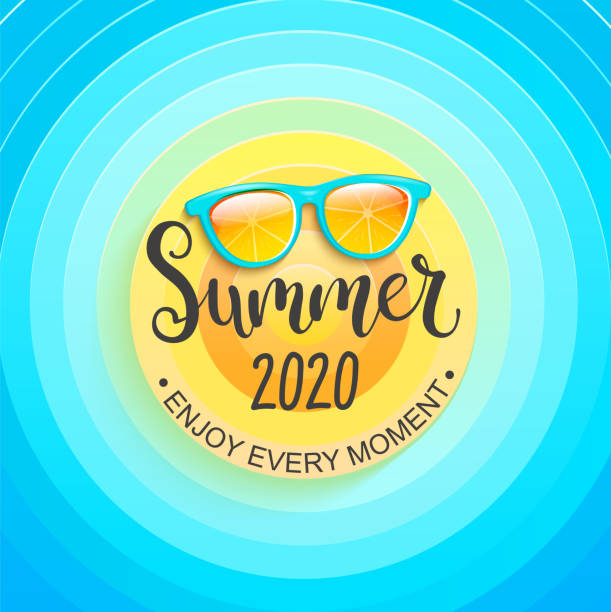 Summer greeting banner for summertime 2020. Summer greeting banner for summertime 2020. Sun, sky and sunglasses, enjoy every moment. Template for card, wallpaper, flyer, invitation, poster and brochure. Vector illustration. happiness backgrounds stock illustrations