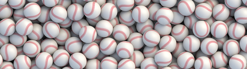 Baseball balls background. Many white baseball balls with red stitching lying in a pile. Realistic vector background