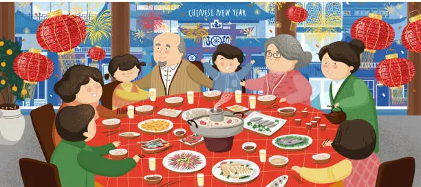 Vector illustration of Happy Chinese New Year 2020. An Asian family (mother, father, grandmother, grandfather and children) sits at a table and celebrates a holiday. Vector illustration for background, card or banner.