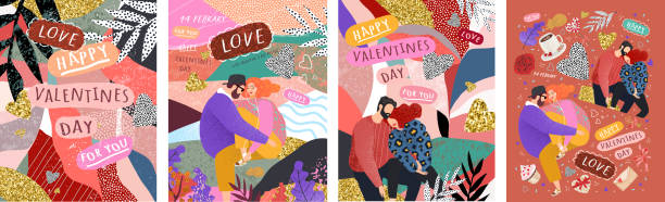 frohe valentinstag! vektor niedliche illustrationen eines paares in der liebe für hintergrund, karte oder poster. abstrakte trendige moderne druck für den urlaub. - valentines day couple stock-grafiken, -clipart, -cartoons und -symbole