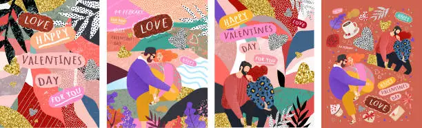 Vector illustration of Happy Valentine's Day! Vector cute illustrations of a couple in love for background, card or poster. Abstract trendy modern print for the holiday.