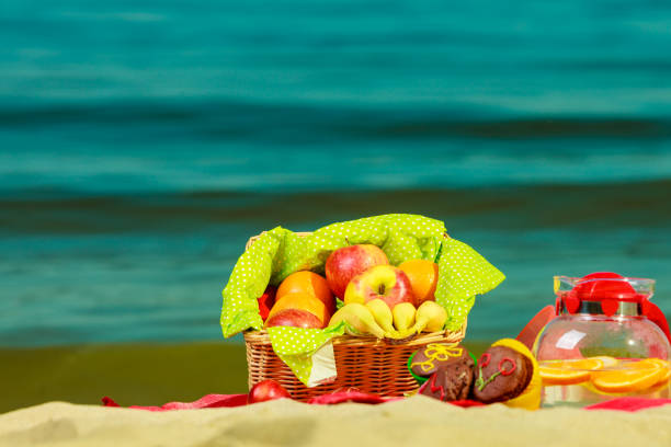 istock Picnic basket on blanket near sea 1195640199