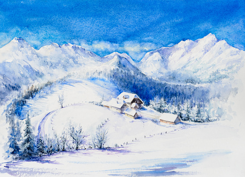 Winter mountain landscape with wooden house and cloudy sky. Picture created with watercolors.