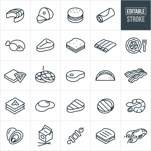 Food Thin Line Icons - Editable Stroke A set of food icons that include editable strokes or outlines using the EPS vector file. The icons include salmon, ham, hamburger, burrito, turkey, steak, sandwich, ribs, spaghetti, pizza, waffles, pork chop, taco, bacon, lasagna, egg, shrimp Alfredo, clams, Chinese food, shish kabob, grilled cheese sandwich and lobster. meat symbols stock illustrations