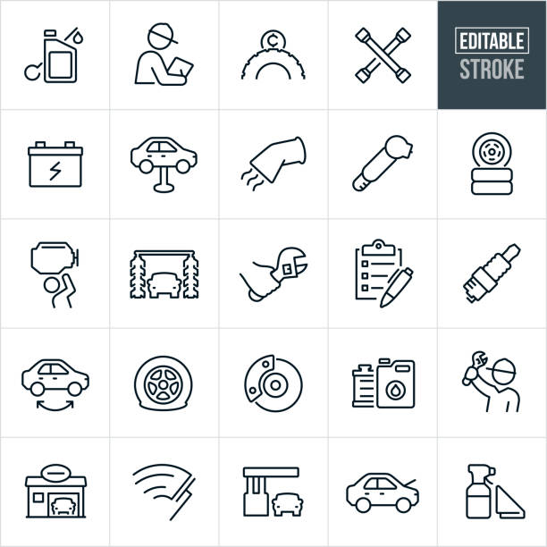 Car Care Thin Line Icons - Editable Stroke A set car care icons that include editable strokes or outlines using the EPS vector file. The icons include car engine oil and a dipstick, auto mechanic, tires, lug wrench, car battery, car lift, vacuum, tire pressure gauge, wheels, engine repair, car wash, wrench, checklist, spark plug, tire rotation, flat tire, brakes, radiator, auto repair, auto repair shop, windshield wipers and gas station. car battery stock illustrations