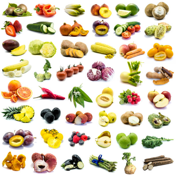 白い背景に分離された異なる果物や野菜 - kohlrabi on food ripe ストックフォトと画像