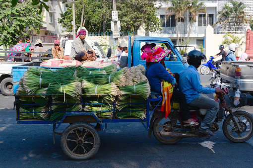 Phnom Penh, Cambodia - March, 2015: Heap of green onions on a carriage behind motorbike. Farmers driving with heap of salad onions in a city traffic jam to farmer's market to sell his harvest.